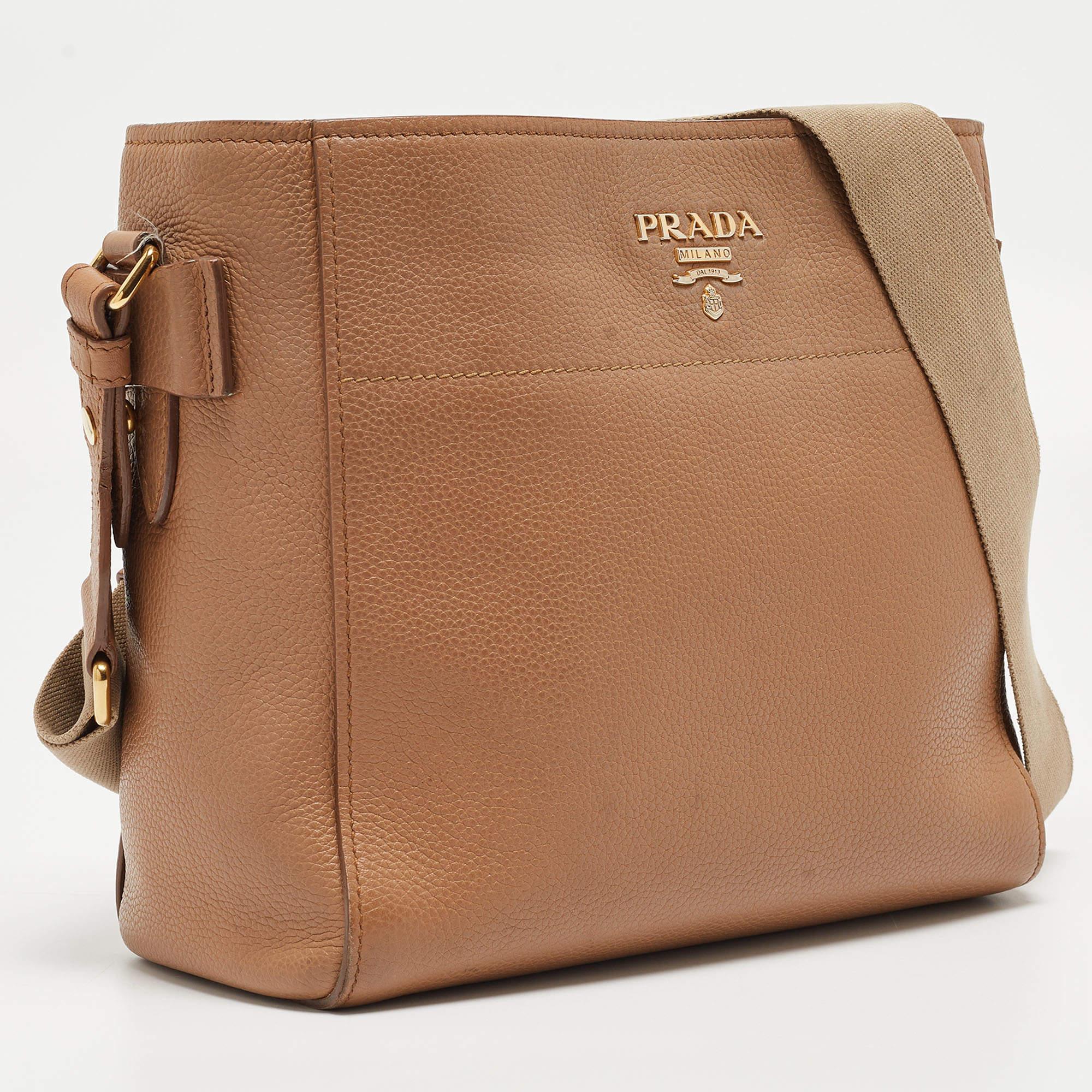 Prada Brown Vitello Daino Leather Logo Shoulder Bag For Sale 9