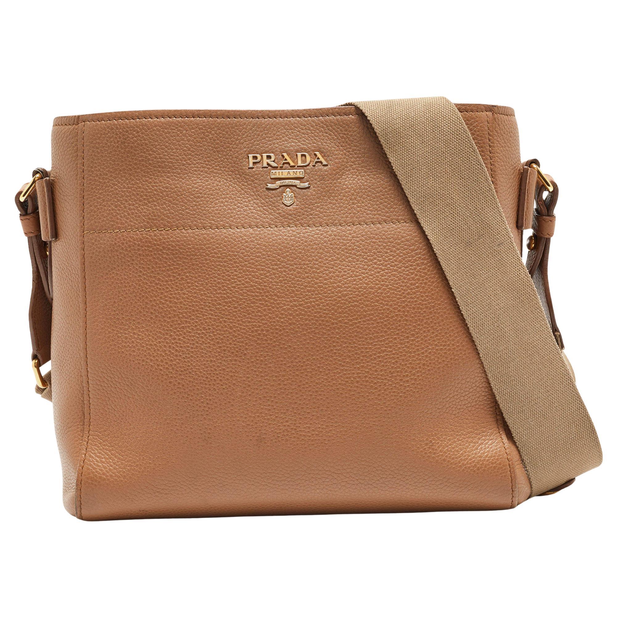 Prada Brown Vitello Daino Leather Logo Shoulder Bag For Sale