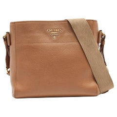 Used Prada Brown Vitello Daino Leather Logo Shoulder Bag