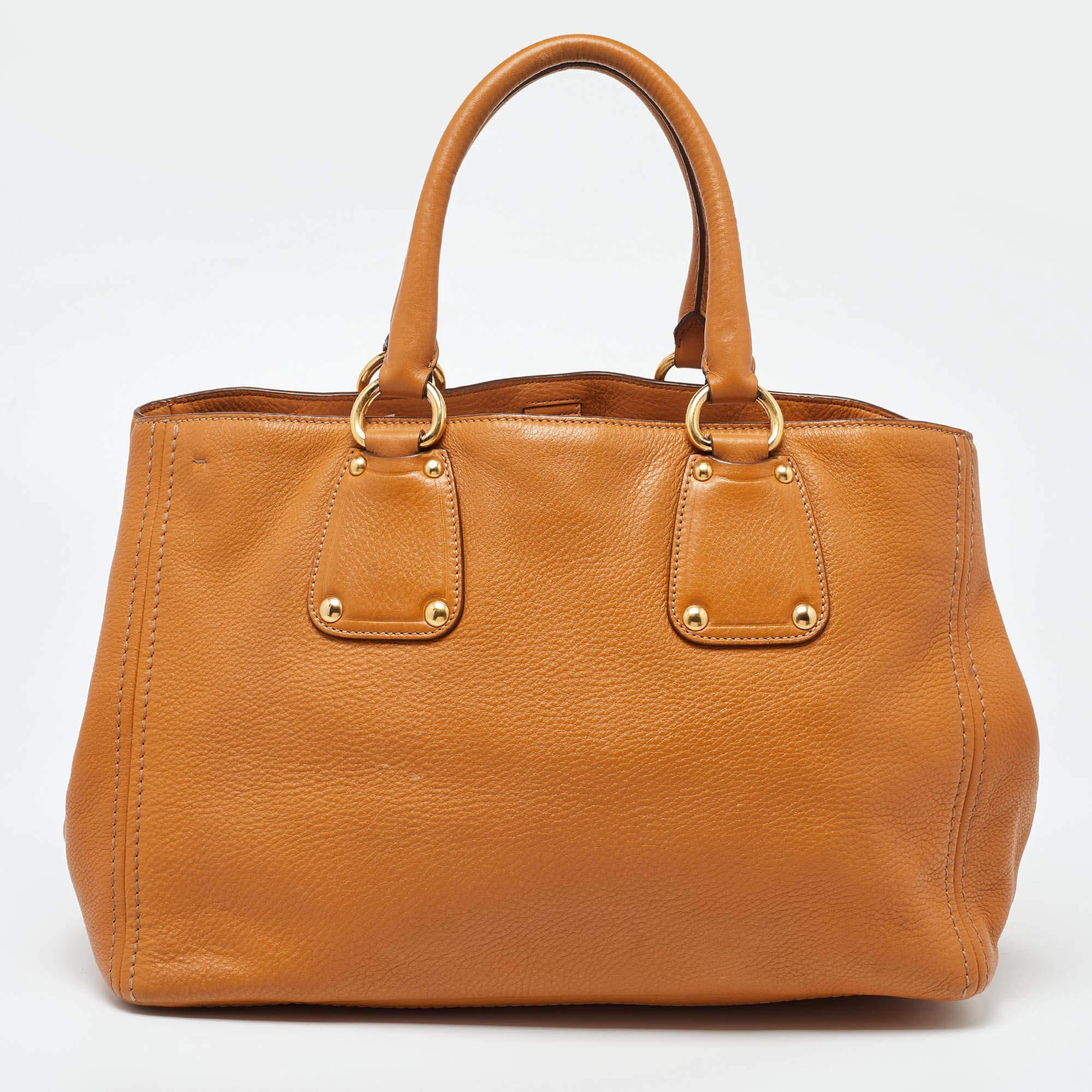 Women's Prada Brown Vitello Daino Leather Open Tote