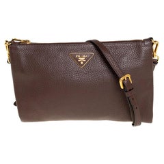 Prada Brown Vitello Daino Leather Zip Slim Shoulder Bag