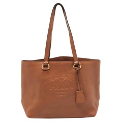 Prada Brown Vitello Danio Leather Logo Embossed Tote