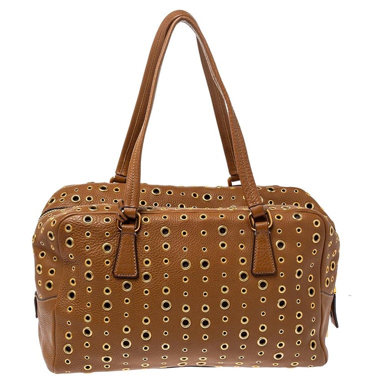 Prada Brown Vitello Diano Leather Grommet Bowler Bag at 1stDibs