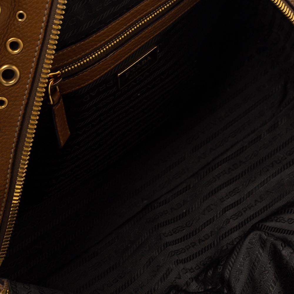 Prada Brown Vitello Diano Leather Grommet Bowler Bag In Good Condition In Dubai, Al Qouz 2