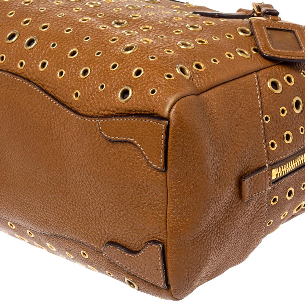 Women's Prada Brown Vitello Diano Leather Grommet Bowler Bag