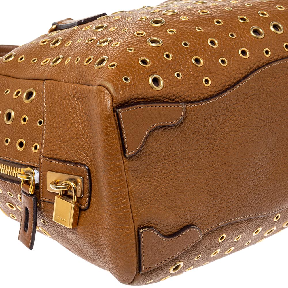 Prada Brown Vitello Diano Leather Grommet Bowler Bag 2