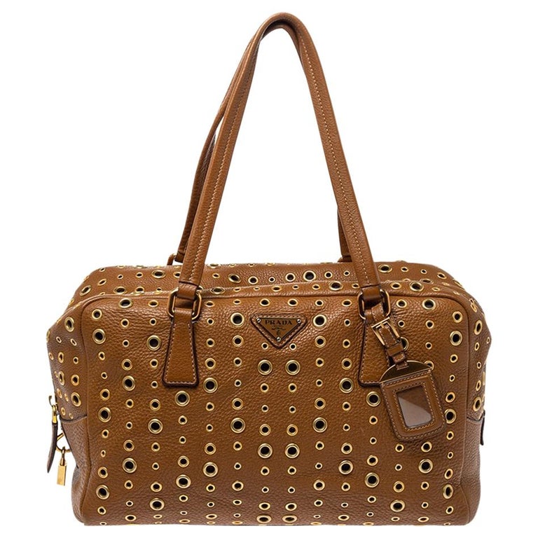 Prada Brown Vitello Diano Leather Grommet Bowler Bag at 1stDibs