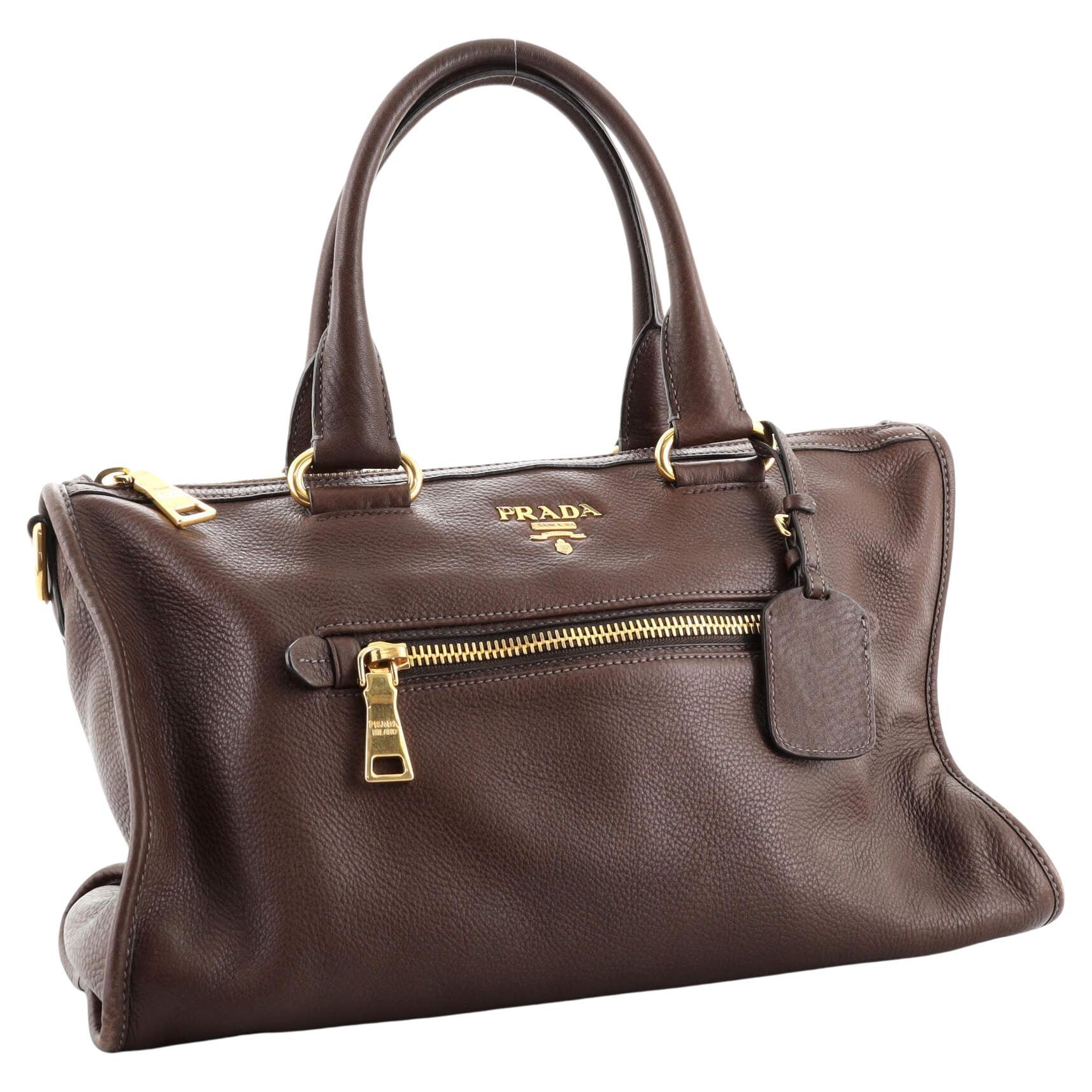 Prada Brown Vitello Leather Daino Front Zip Convertible Satchel Bag For  Sale at 1stDibs