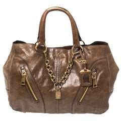 Prada Braun Vitello Glanz Leder Kette Link Tote