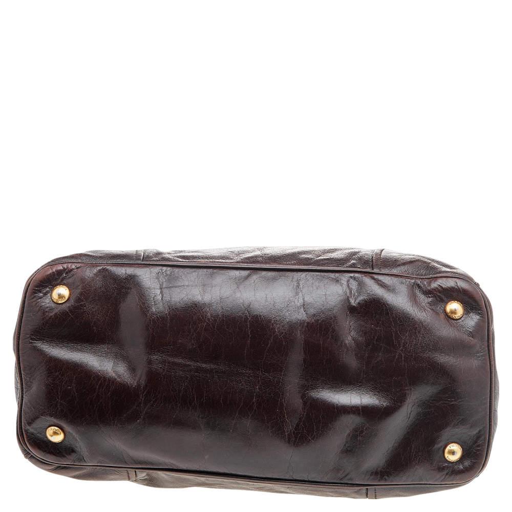 Prada Brown Vitello Shine Leather Zip Tote For Sale 1