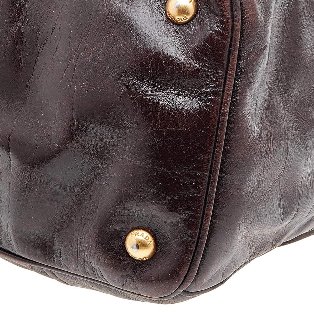 Prada Brown Vitello Shine Leather Zip Tote For Sale 2