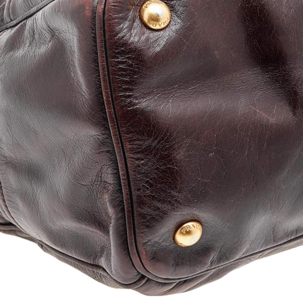 Prada Brown Vitello Shine Leather Zip Tote For Sale 3