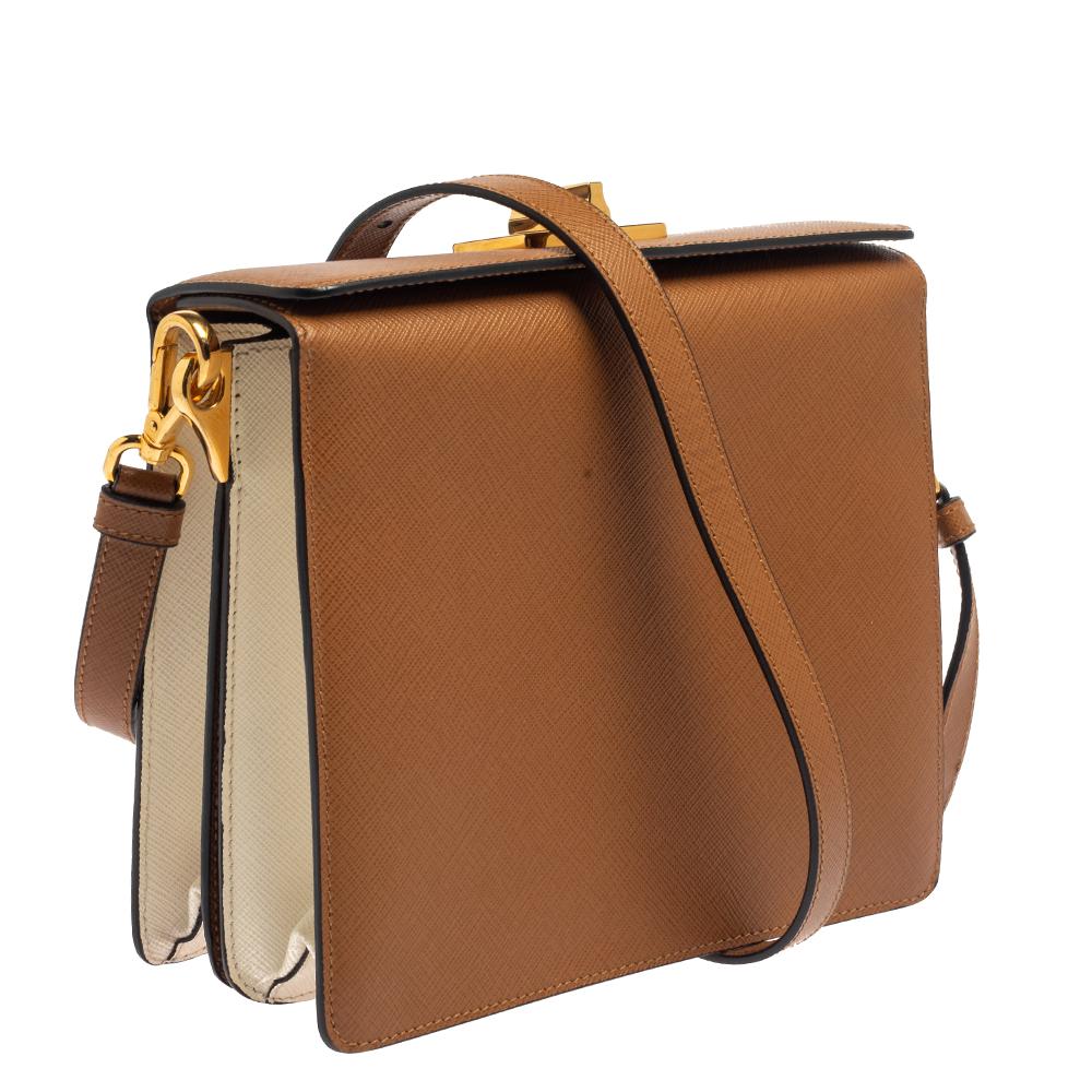 Prada Brown/White Saffiano Leather Box Shoulder Bag In Good Condition In Dubai, Al Qouz 2