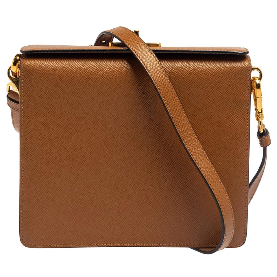 Prada Brown/White Saffiano Leather Box Shoulder Bag
