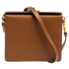 Prada Brown/White Saffiano Leather Box Shoulder Bag