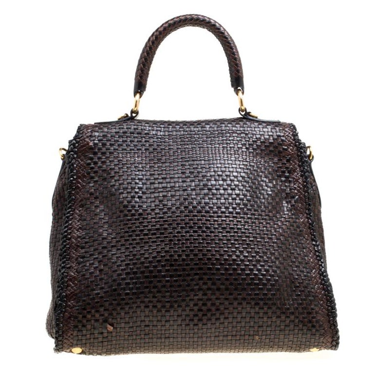 Prada Brown Woven Leather Madras Top Handle Bag For Sale at 1stdibs