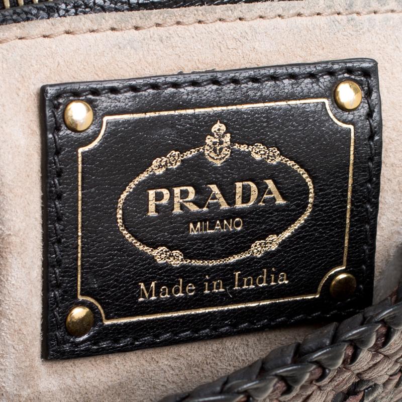 Black Prada Brown Woven Leather Madras Top Handle Bag