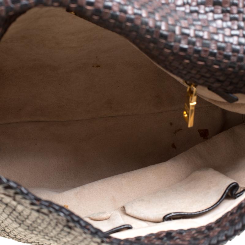 Prada Brown Woven Leather Madras Top Handle Bag In Good Condition In Dubai, Al Qouz 2