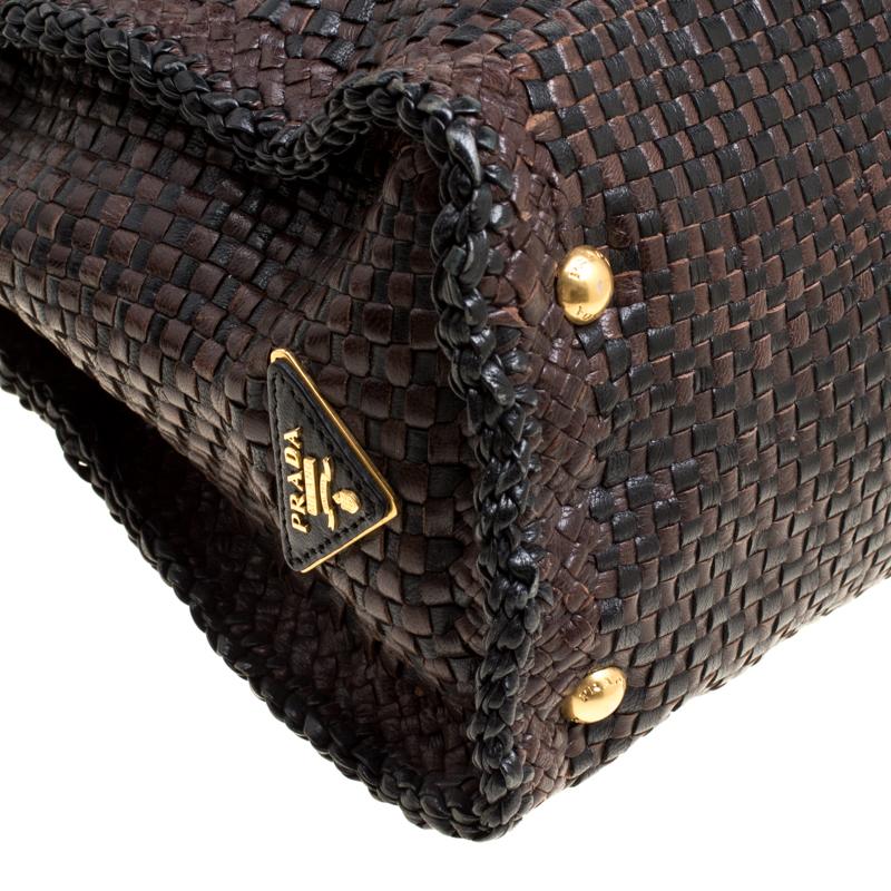 Women's Prada Brown Woven Leather Madras Top Handle Bag