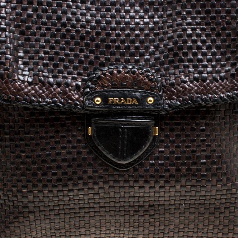 Prada Brown Woven Leather Madras Top Handle Bag 1