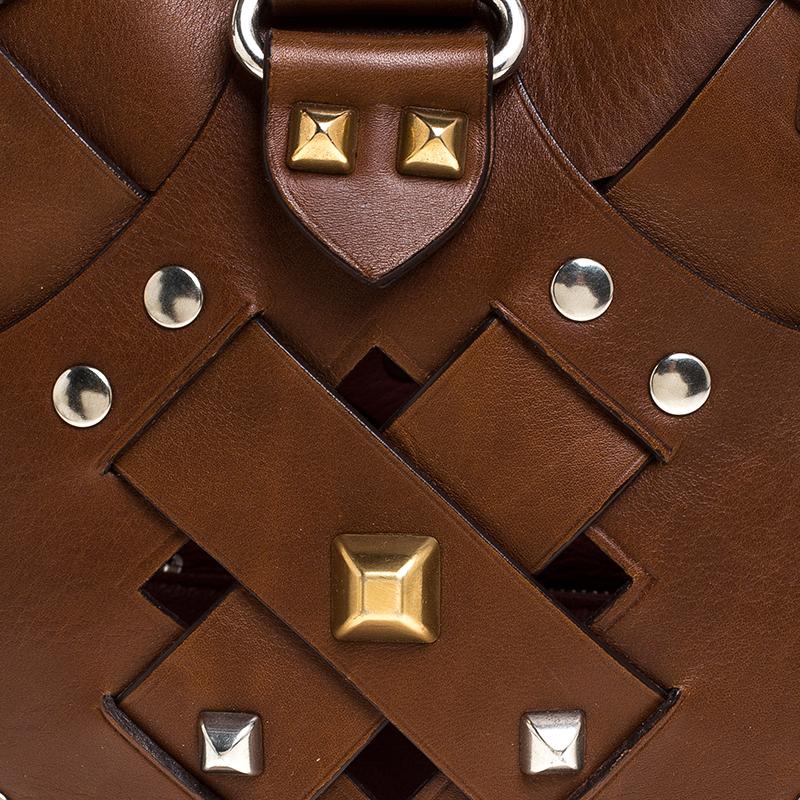 Women's Prada Brown Woven Leather Studded Lattice Tote
