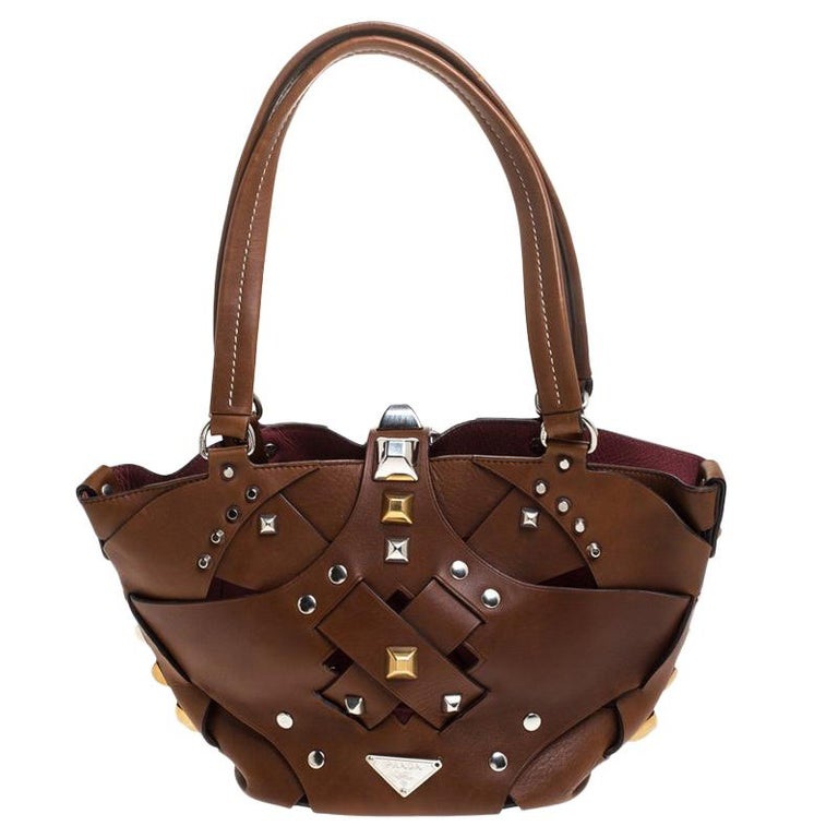 Prada Two Tone Woven Tote Bag in Brown