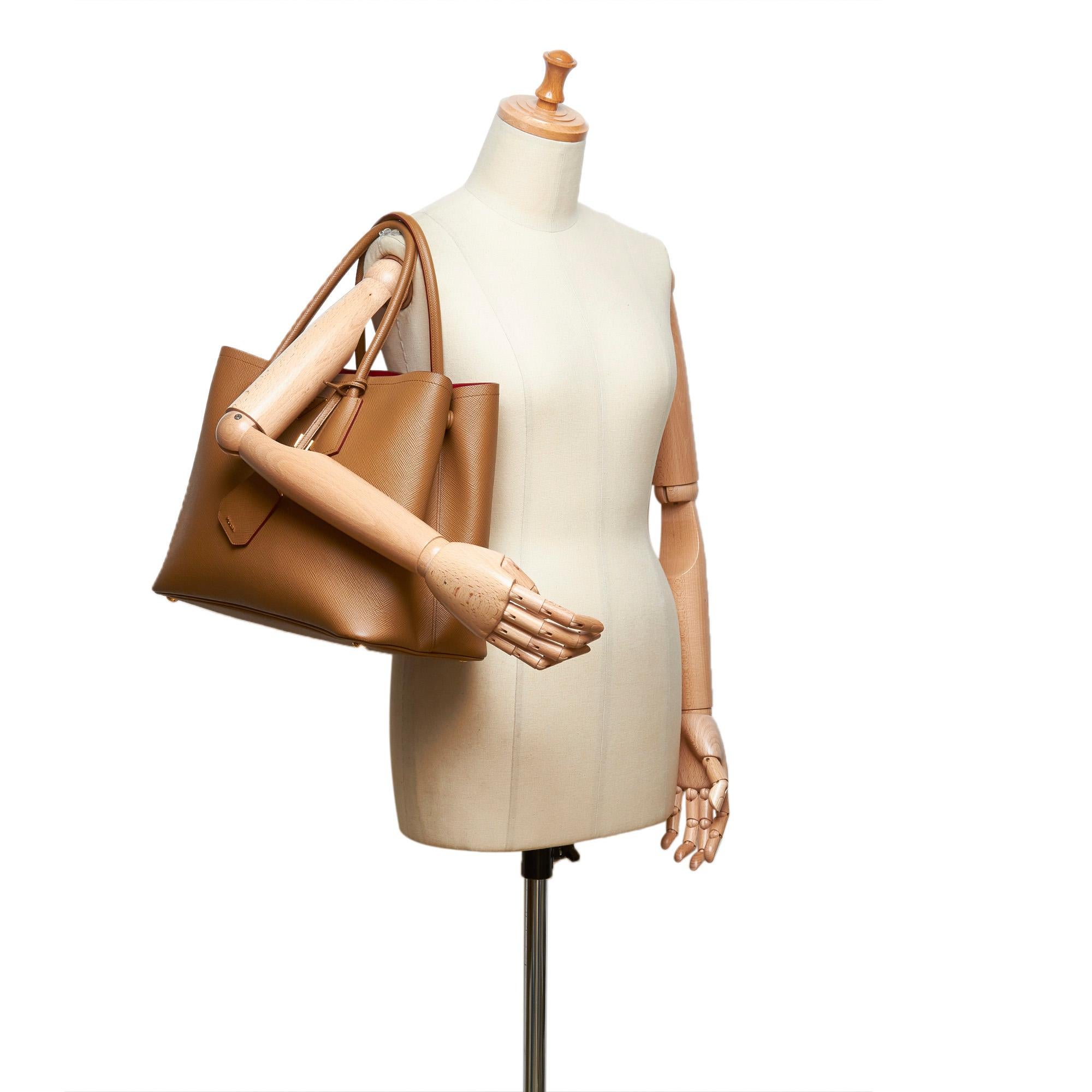 Prada Brown x Beige Saffiano Leather Tote Bag For Sale 6