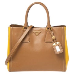 Prada Brown/Yellow Saffiano Lux Leather Double Handle Open Tote
