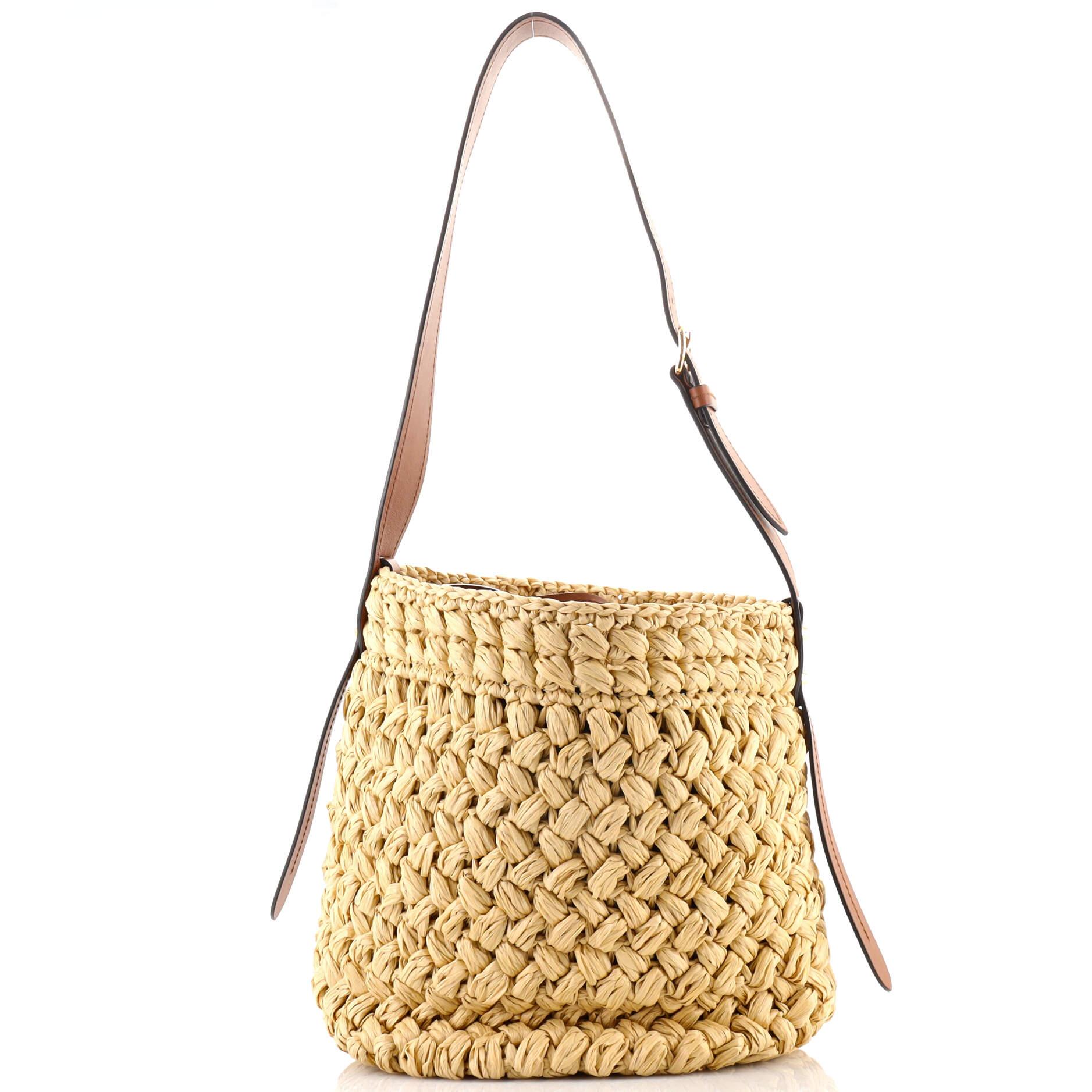 Prada Bucket Bag Crochet Raffia with Leather In Good Condition In NY, NY