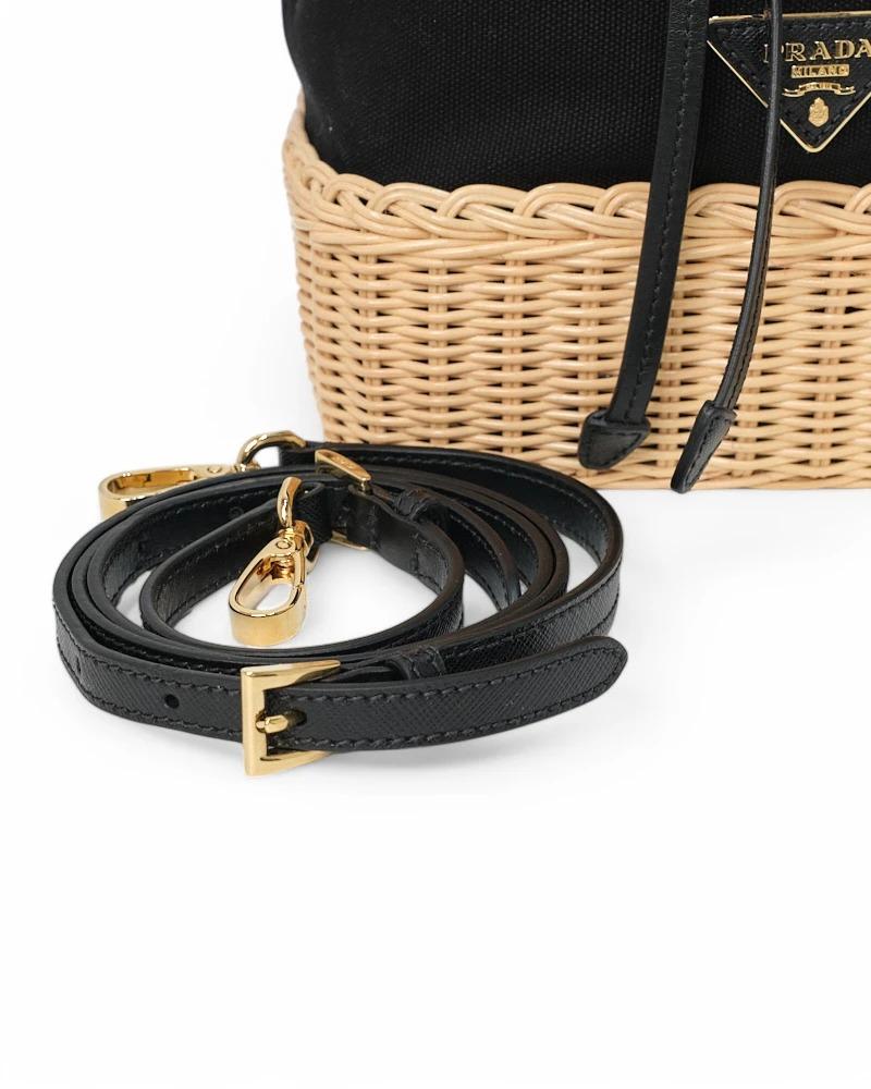Prada Bucket Bag Small Wicker Canvas Black 6