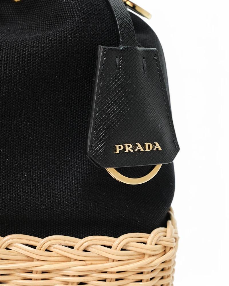 Prada Bucket Bag Small Wicker Canvas Black 9
