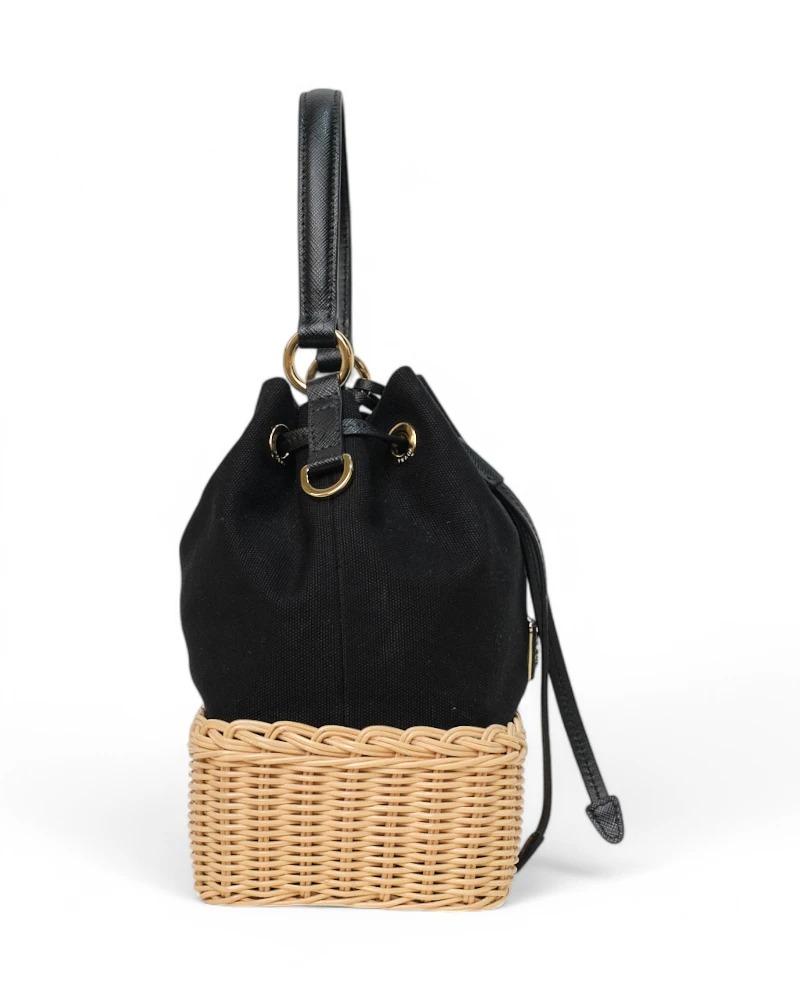 Prada Bucket Bag Small Wicker Canvas Black 11