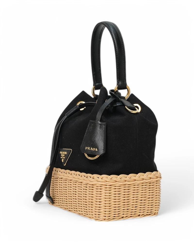 Prada Bucket Bag Small Wicker Canvas Black In Excellent Condition In Torre Del Greco, IT