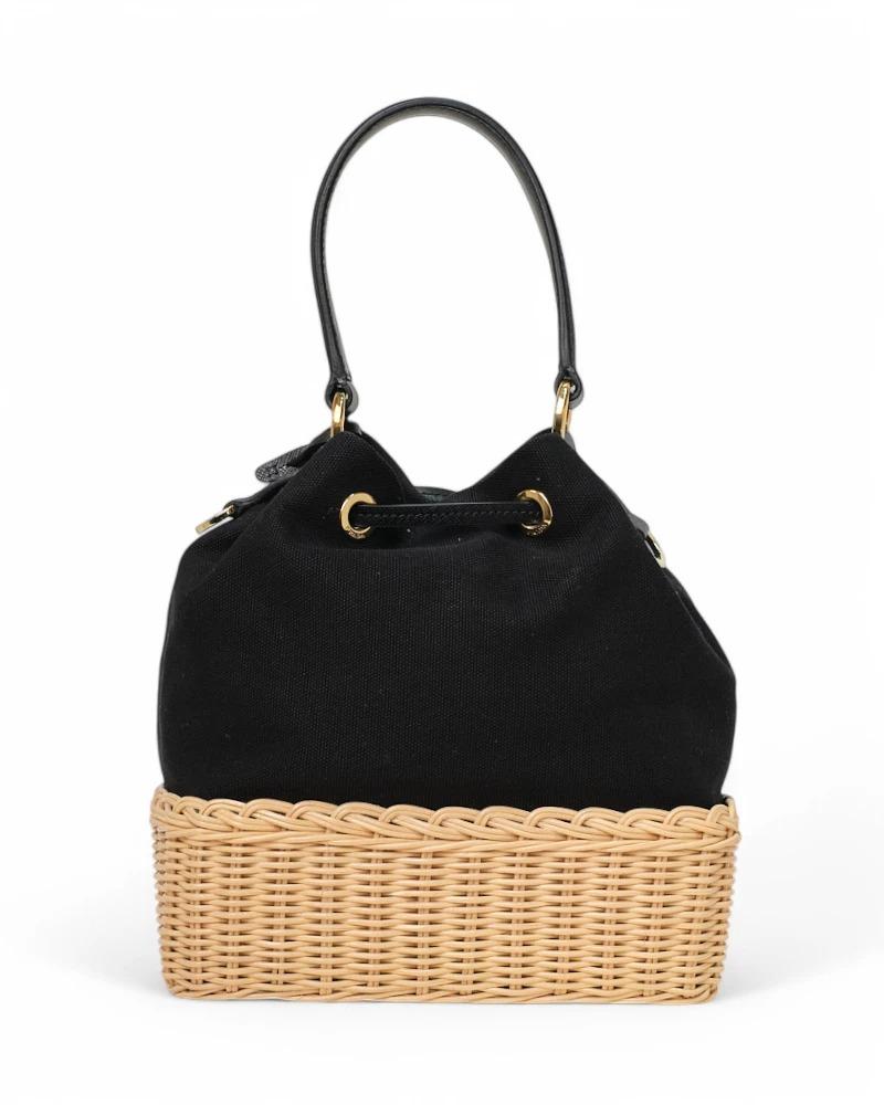 Women's Prada Bucket Bag Small Wicker Canvas Black