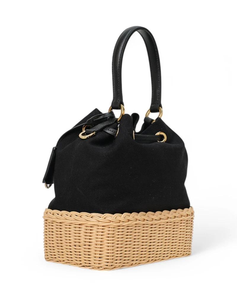 Prada Bucket Bag Small Wicker Canvas Black 1