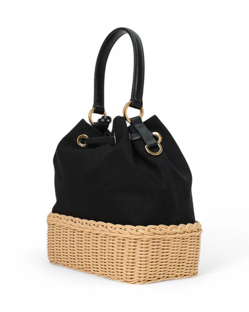 Prada Bucket Bag Small Wicker Canvas Black 2