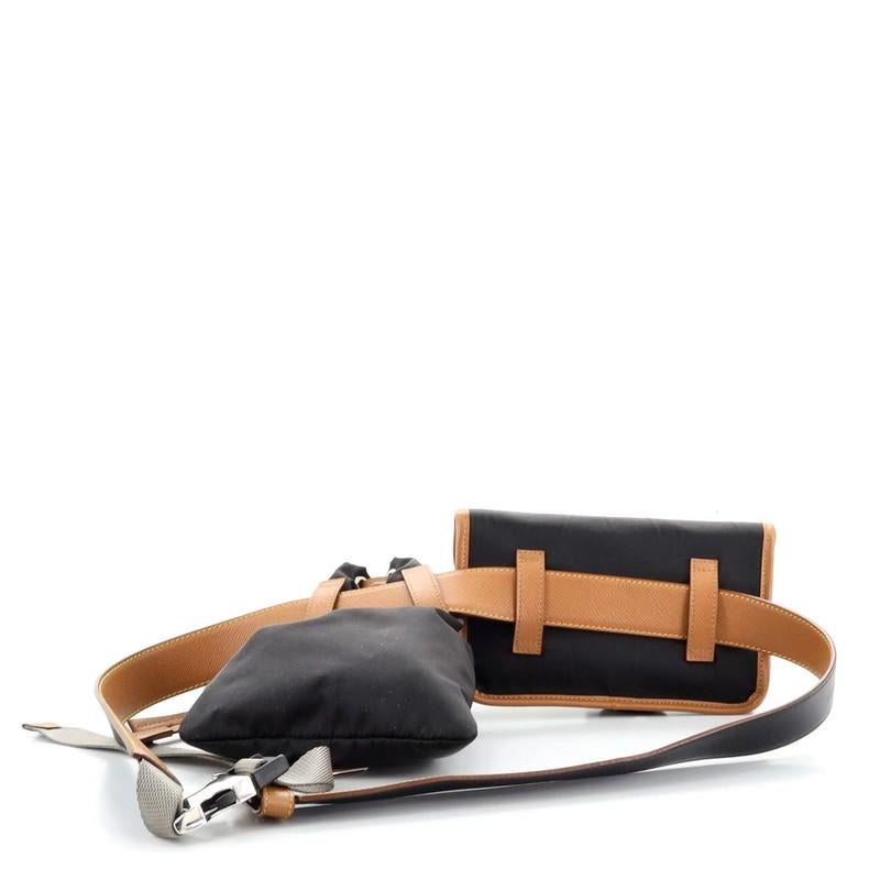 Black Prada Buckle Flap and Drawstring Double Belt Bag Tessuto and Saffiano Lea