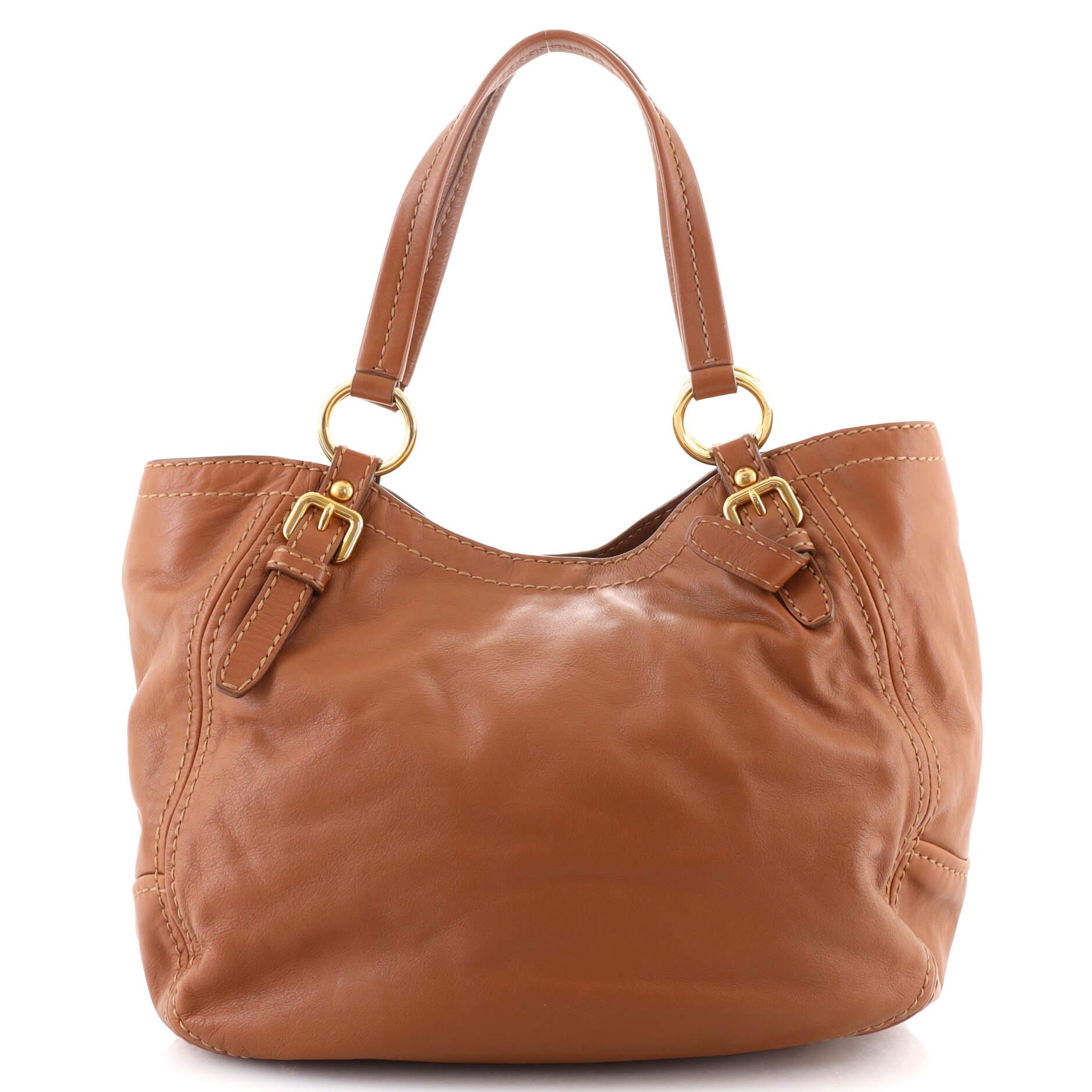 Brown Prada Buckle Open Tote Soft Calf Medium