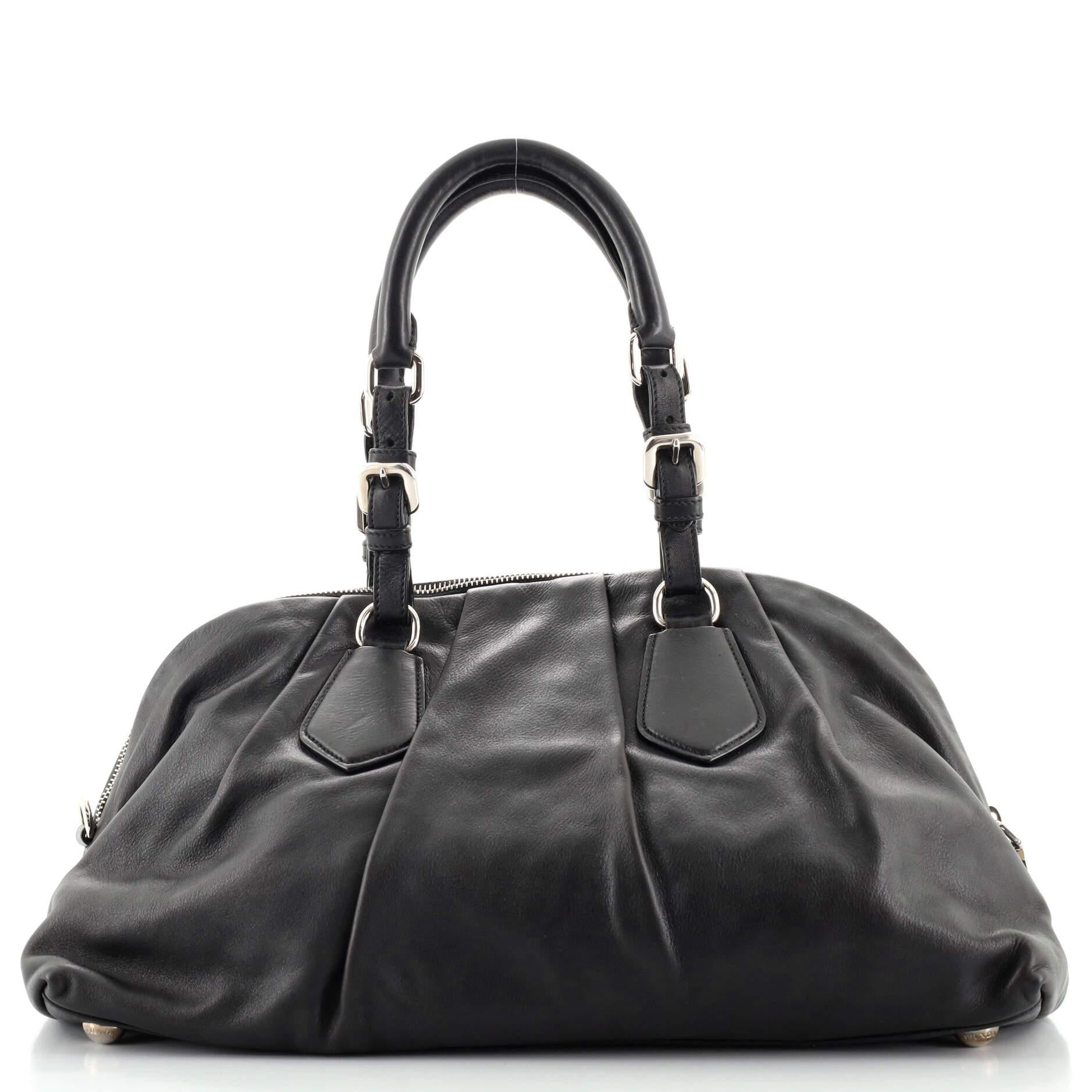 Black Prada Buckle Pleated Bowler Bag Soft Calf Large