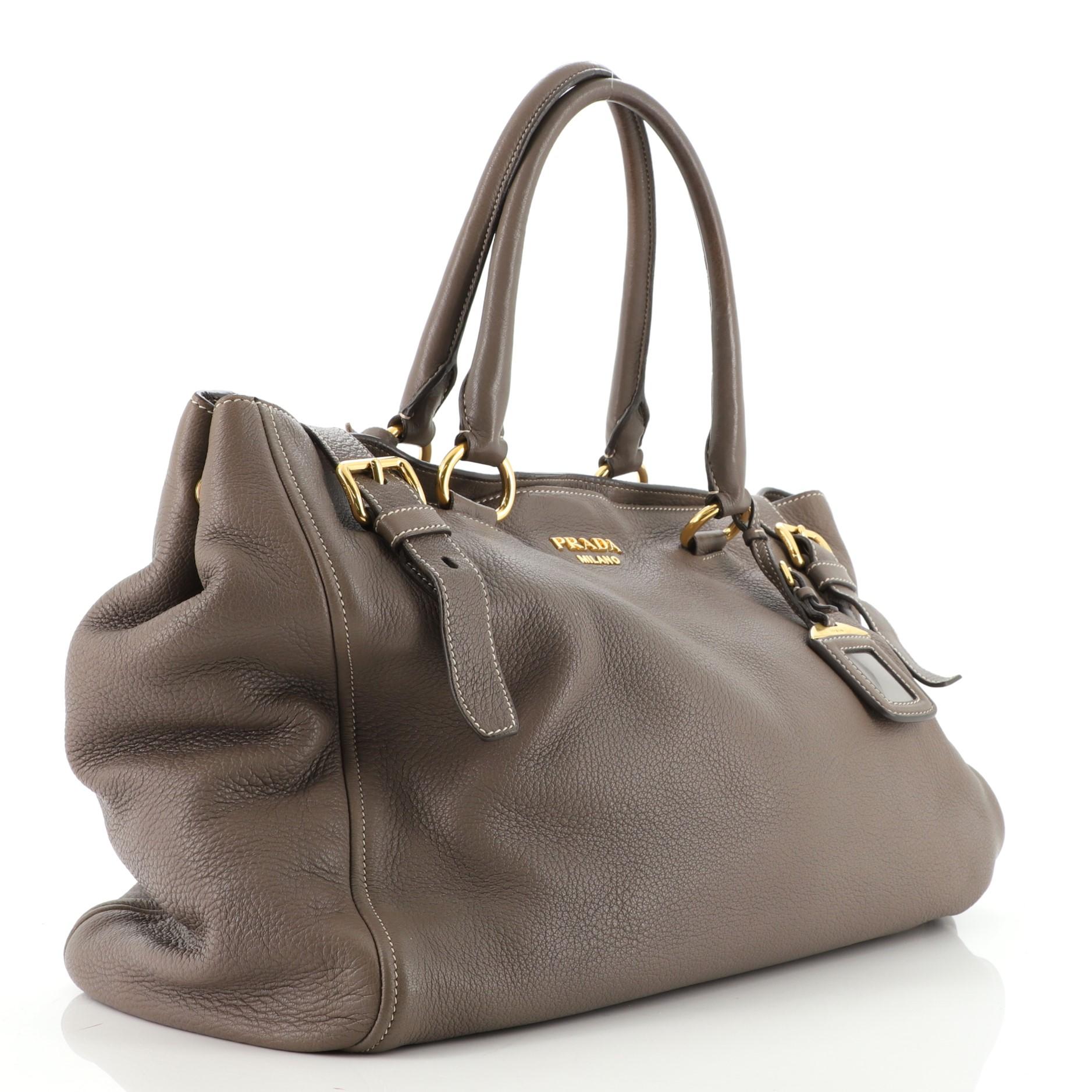 Gray Prada Buckle Tote Cervo Leather East West