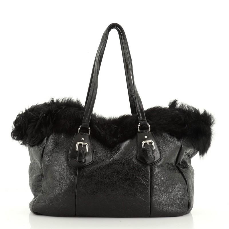 Prada Buckle Tote Leather And Fur Medium In Good Condition In NY, NY