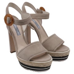 Prada Buckled Ankle Strap Platform Sandals in Beige Suede