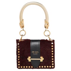 Prada Burgundy/Black Calf Hair And Leather Studded Cahier Top Handle Bag