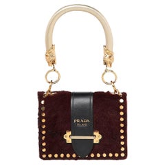 Prada Burgundy/Black Calf Hair And Leather Studded Cahier Top Handle Bag