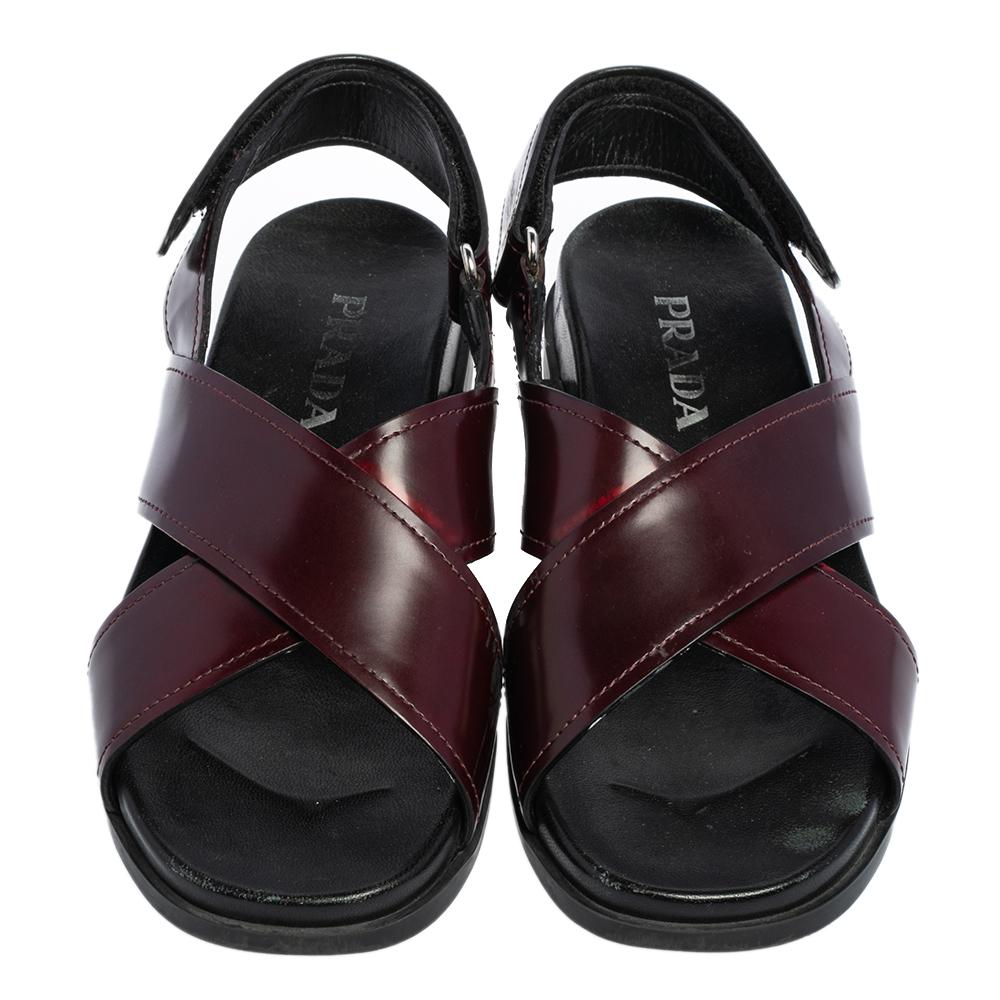 Women's Prada Burgundy/Black Leather Crisscross Strap Sandals Size 37