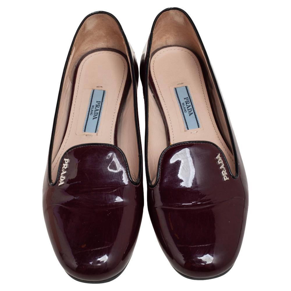 Women's Prada Burgundy/Black Patent Leather Slip On Smoking Slipper Size 35