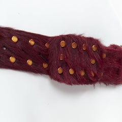 PRADA burgundy genuine fur gold flat studs buckled belt 80cm