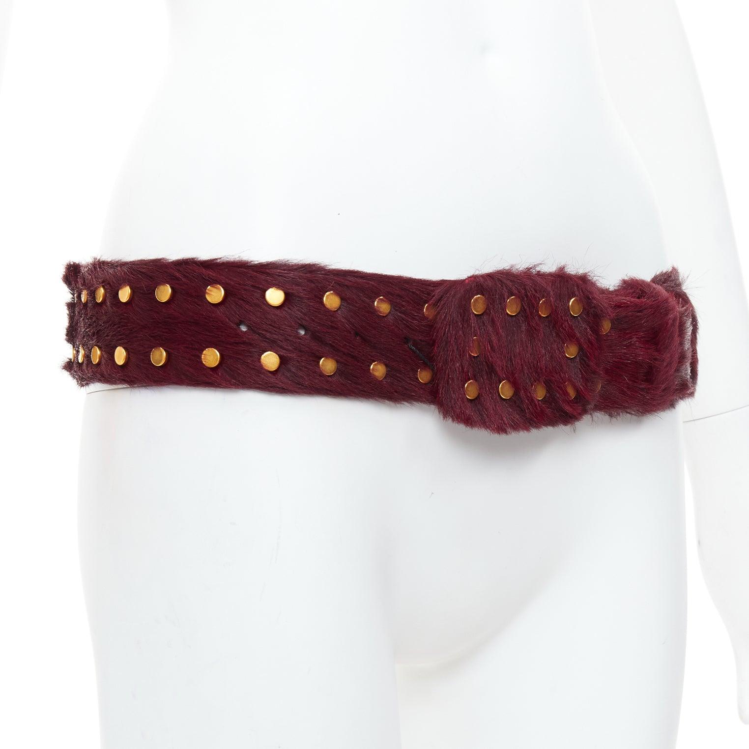 PRADA burgundy genuine fur gold flat studs buckled belt 80cm In New Condition In Hong Kong, NT