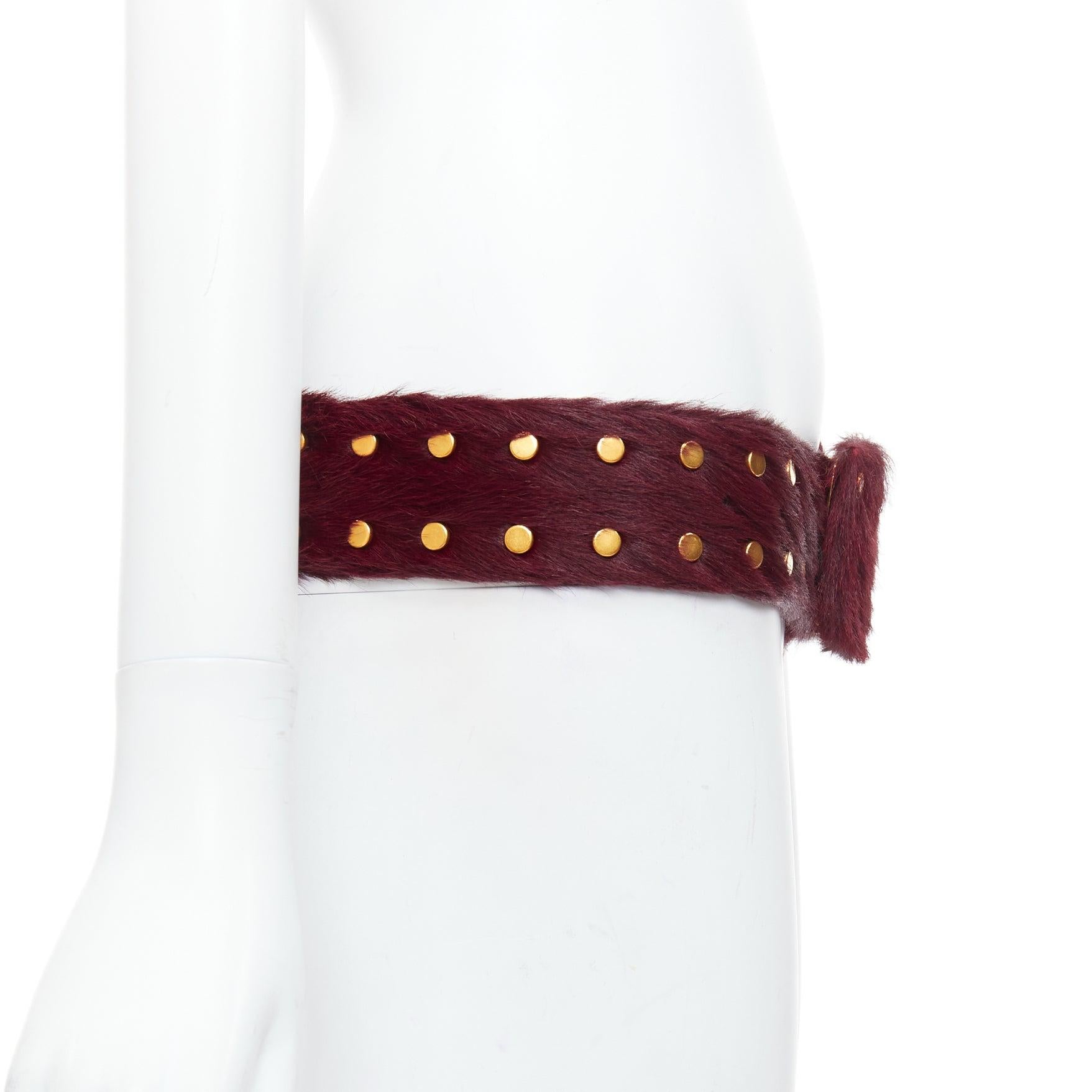 Women's PRADA burgundy genuine fur gold flat studs buckled belt 80cm