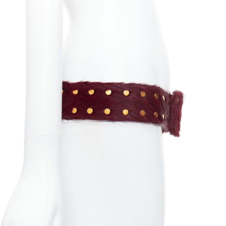 PRADA burgundy genuine fur gold flat studs buckled belt 80cm  display picture 1